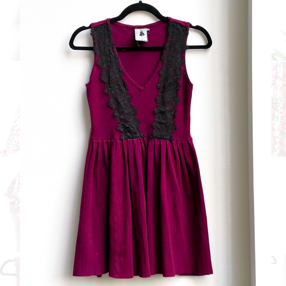 Esther’s Archive burgundy maroon knit sweater dress with black lace decor
